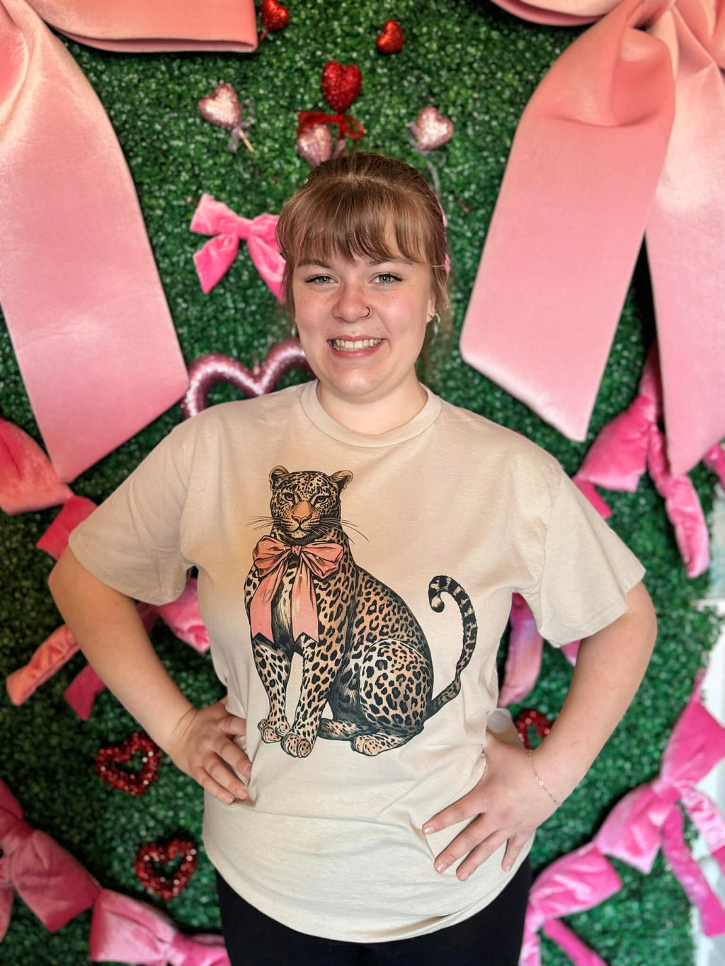 Leopard with Pink Bow Graphic Tee with Rhinestone Detail