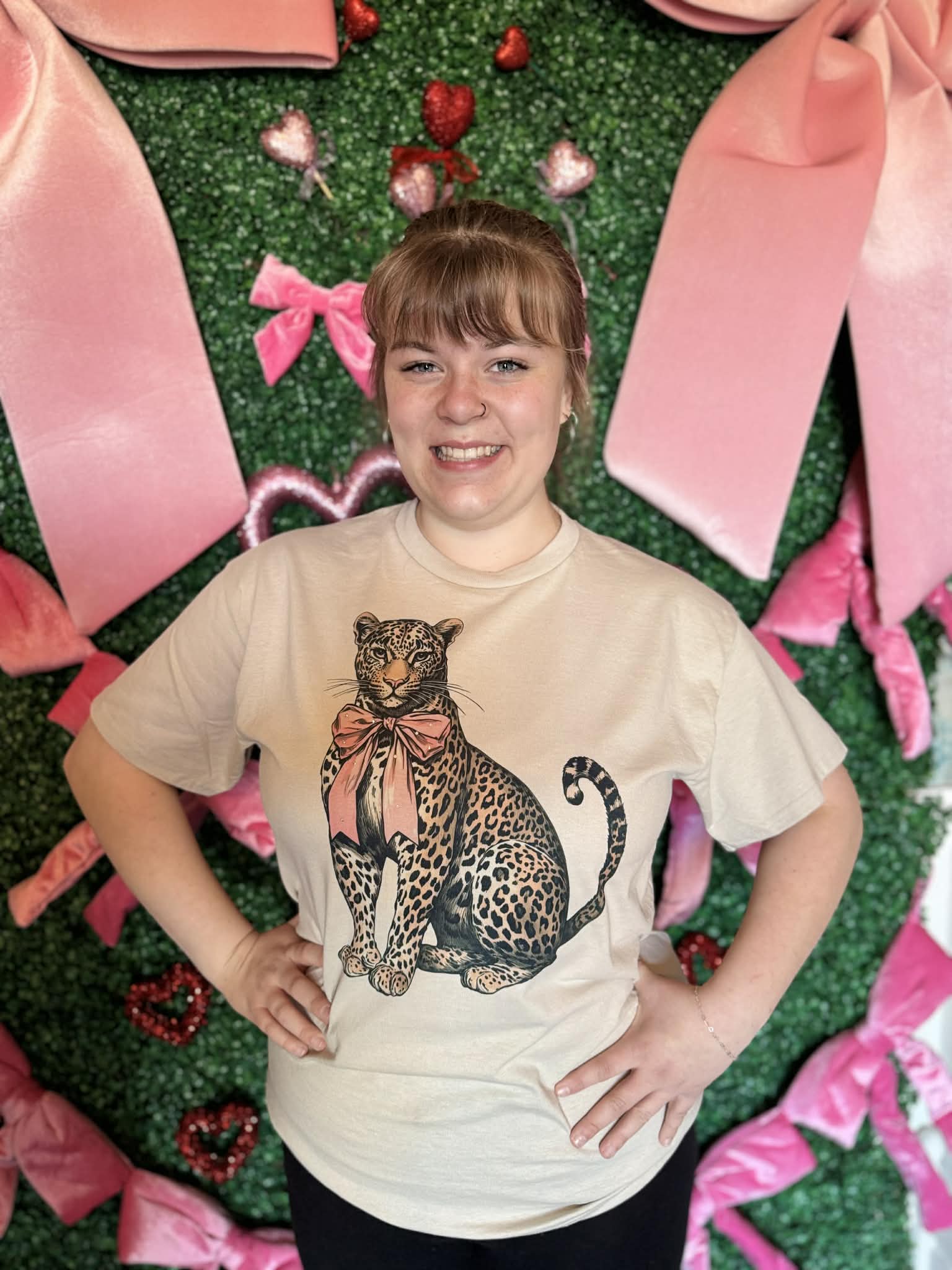 Leopard with Pink Bow Graphic Tee with Rhinestone Detail