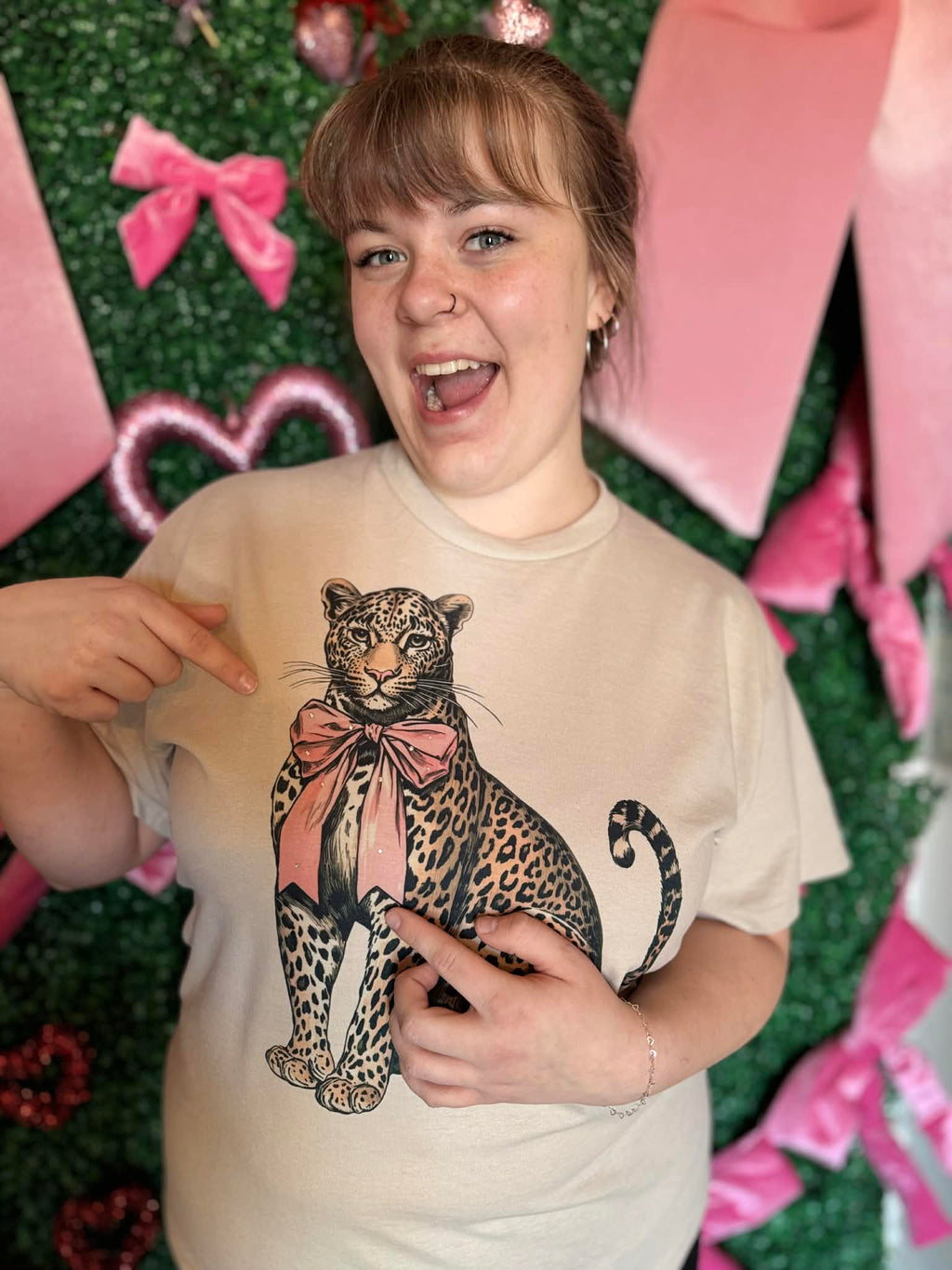 Leopard with Pink Bow Graphic Tee with Rhinestone Detail
