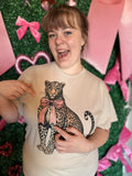 Leopard with Pink Bow Graphic Tee with Rhinestone Detail