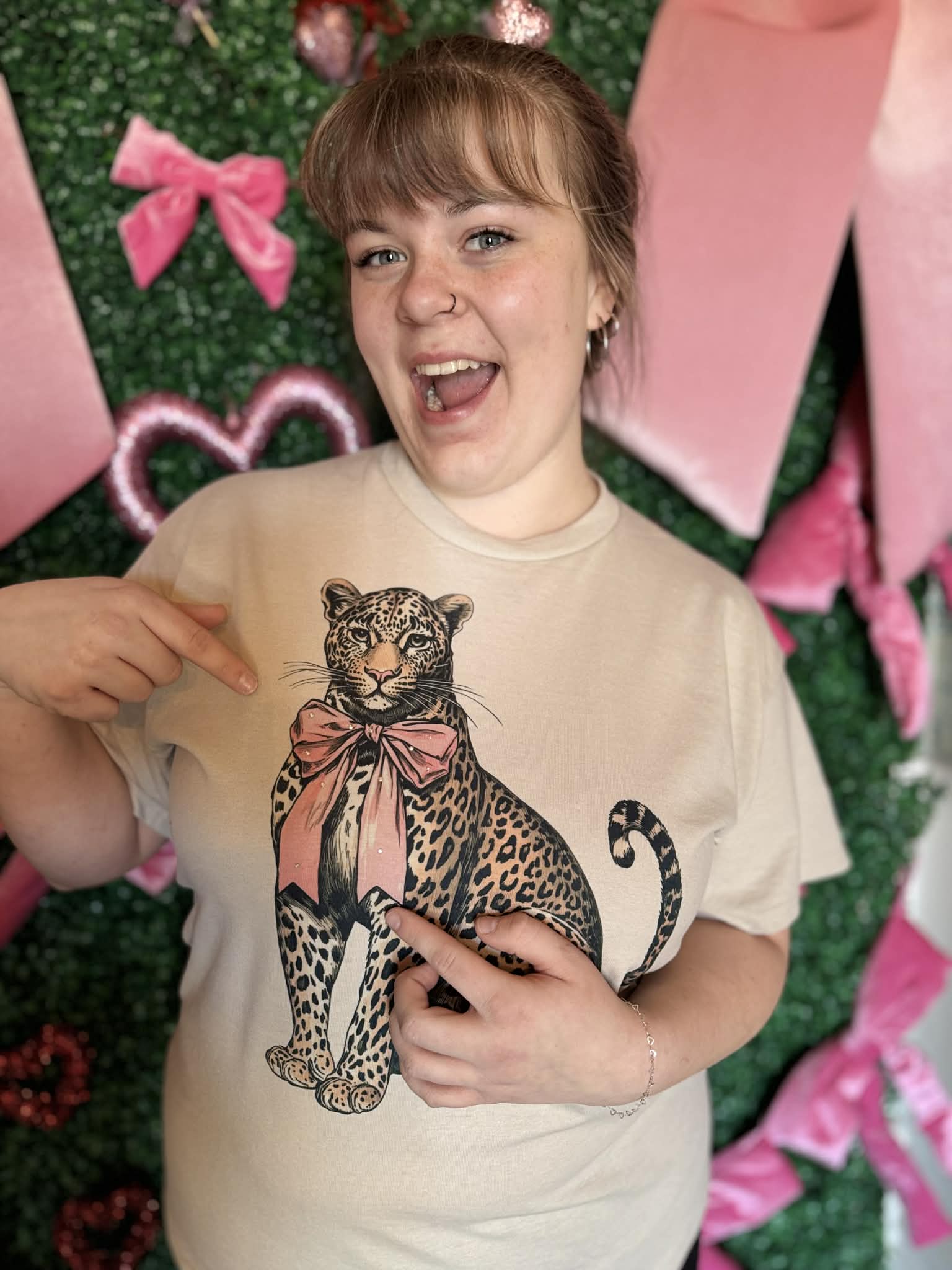 Leopard with Pink Bow Graphic Tee with Rhinestone Detail