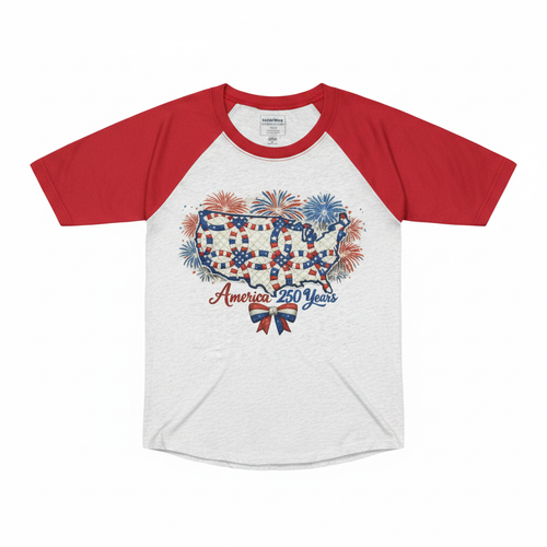 America 250 Years patriotic raglan tee - white with red sleeves