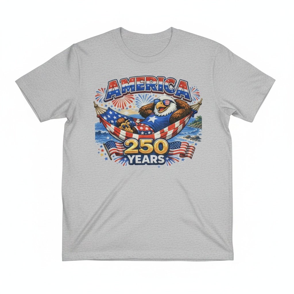 America 250 Years bald eagle hammock graphic tee on heather gray shirt