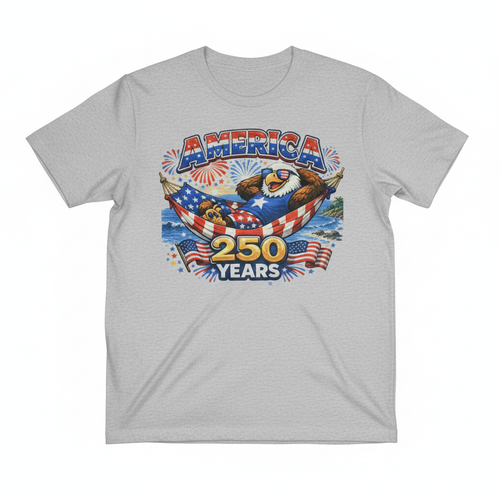 America 250 Years bald eagle hammock graphic tee on heather gray shirt