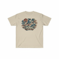 America 250 Years vintage distressed graphic tee on sand colored shirt