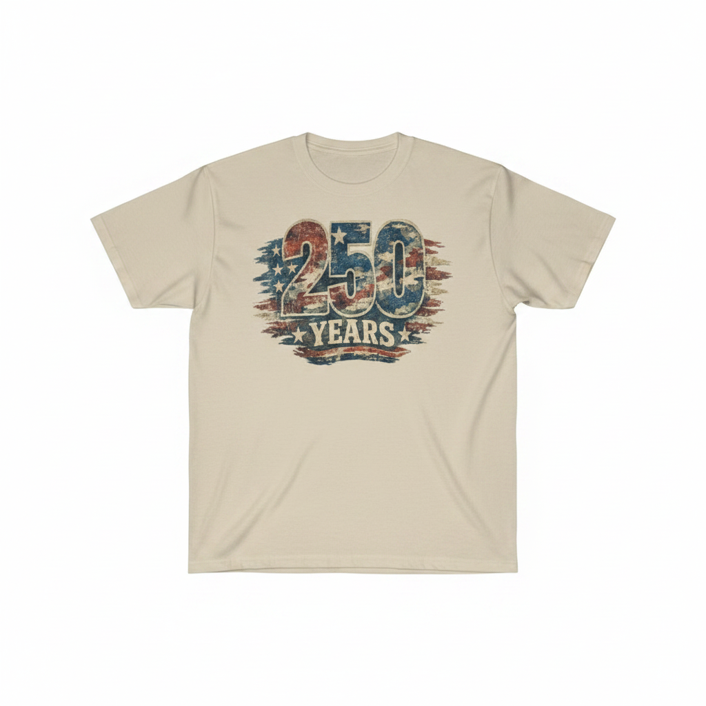 America 250 Years vintage distressed graphic tee on sand colored shirt