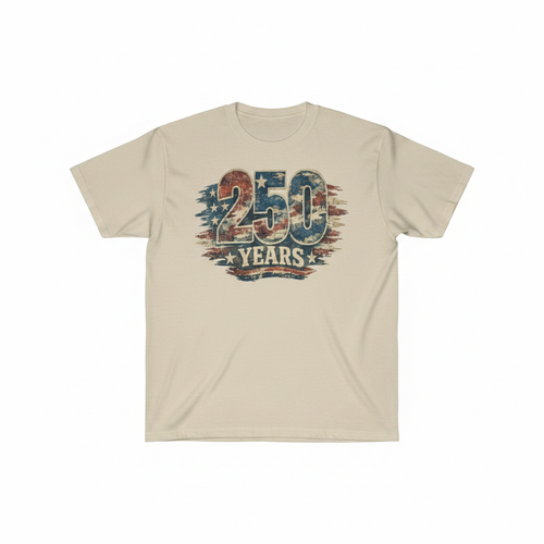 America 250 Years vintage distressed graphic tee on sand colored shirt